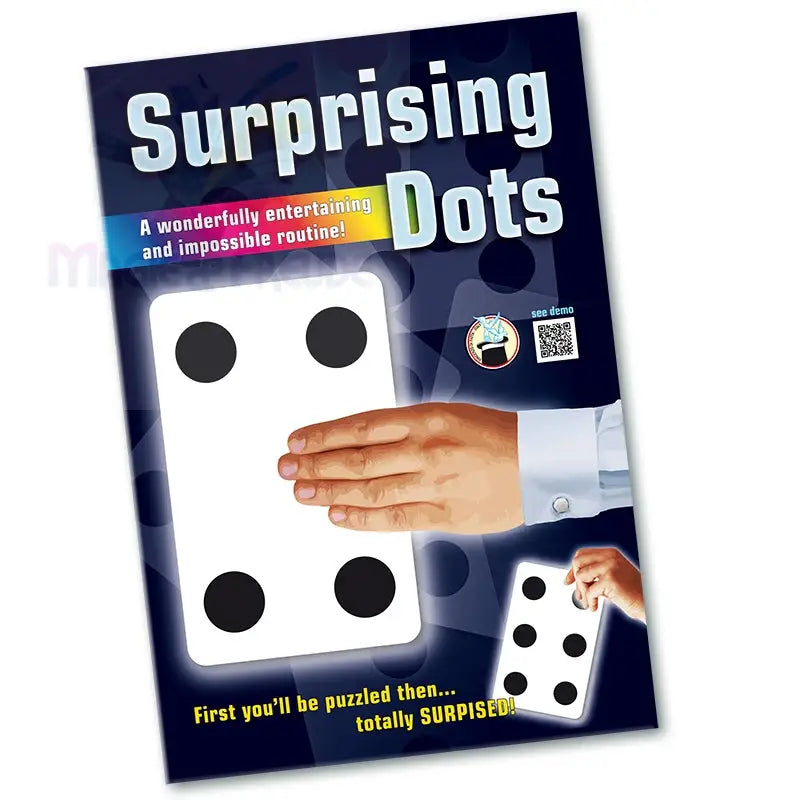 Ein Zaubertrickprodukt namens ’Surprising Dots’, das eine Hand zeigt, die eine Karte mit sich verändernden schwarzen Punkten hält.