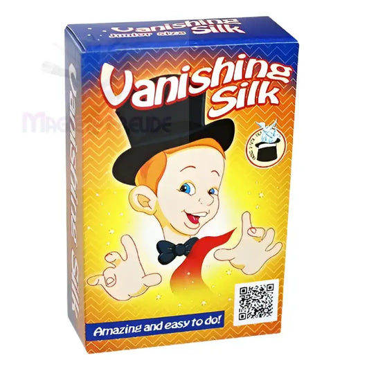 Eine farbenfrohe Schachtel für einen Zaubertrick namens ’Vanishing Silk’ mit einem Cartoon-Magier.