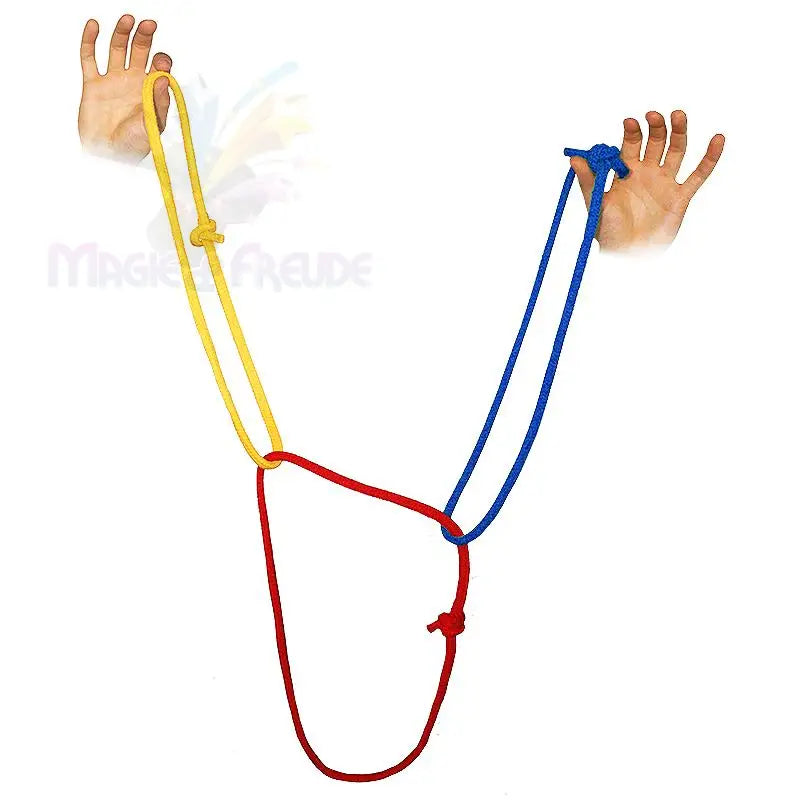 Ein Puzzle oder Spielzeug, das aus drei miteinander verbundenen Seilen, gelb, blau und rot, besteht, die von zwei körperlosen Händen gehalten werden.