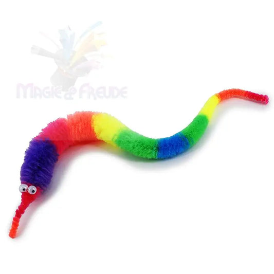 Ein flauschiger, regenbogenfarbener Pfeifenputzerwurm mit Glotzaugen.