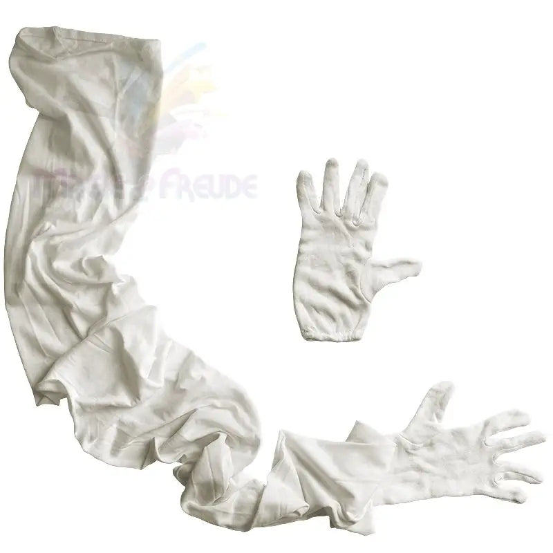 Zwei Paar weiße, lange Baumwollhandschuhe mit abnehmbaren Armstulpen.