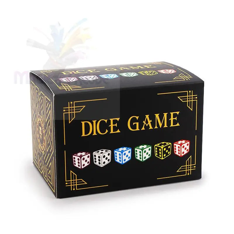 Eine schwarze Schachtel für ein Würfelspiel mit goldenen Rändern im Art-Deco-Stil und bunten Würfelillustrationen.